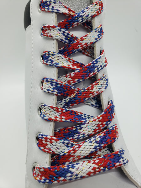 Flat American Flag Sparkle Shoelaces - Red, White and Blue