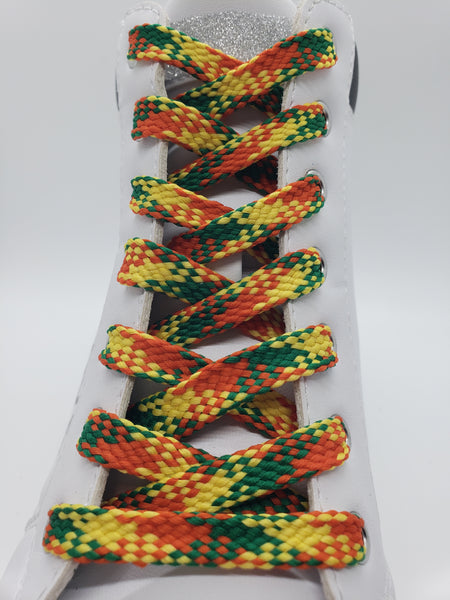 Flat Plaid Shoelaces - Green, Orange and Yellow