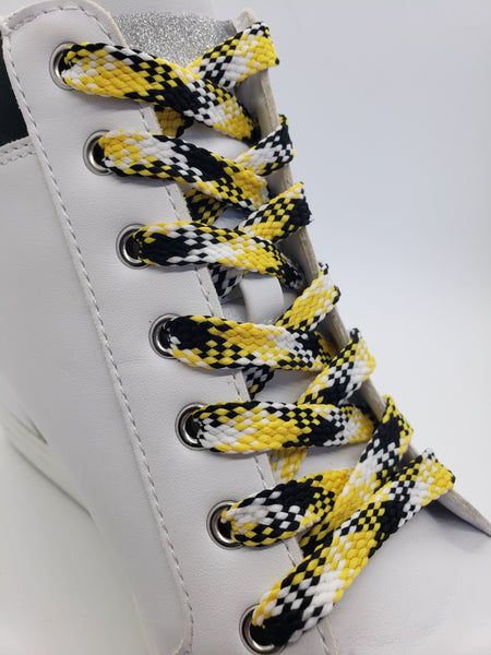 Flat Plaid Shoelaces - Yellow, Black and White