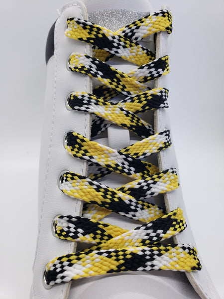 Flat Plaid Shoelaces - Yellow, Black and White