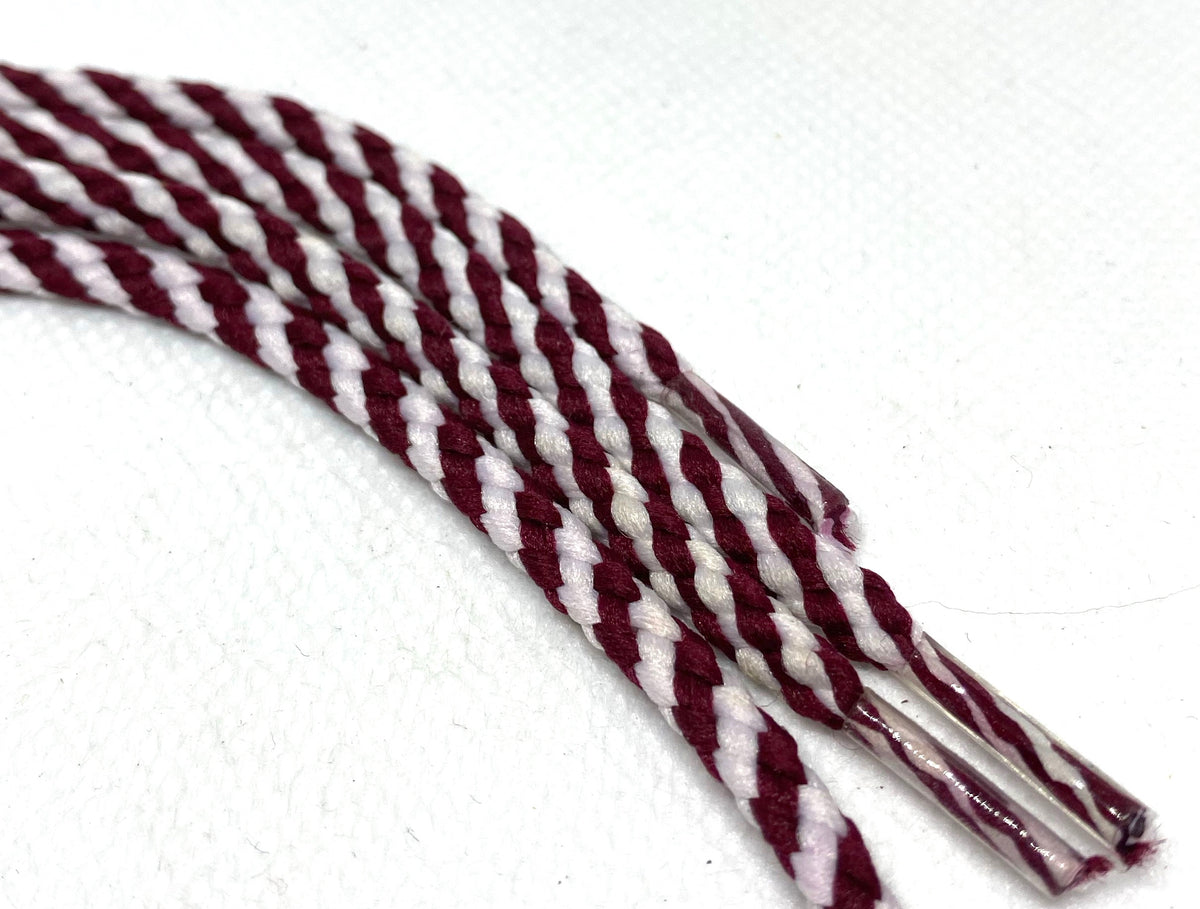 Round Striped Shoelaces Maroon and White The Shoe Lace Factory
