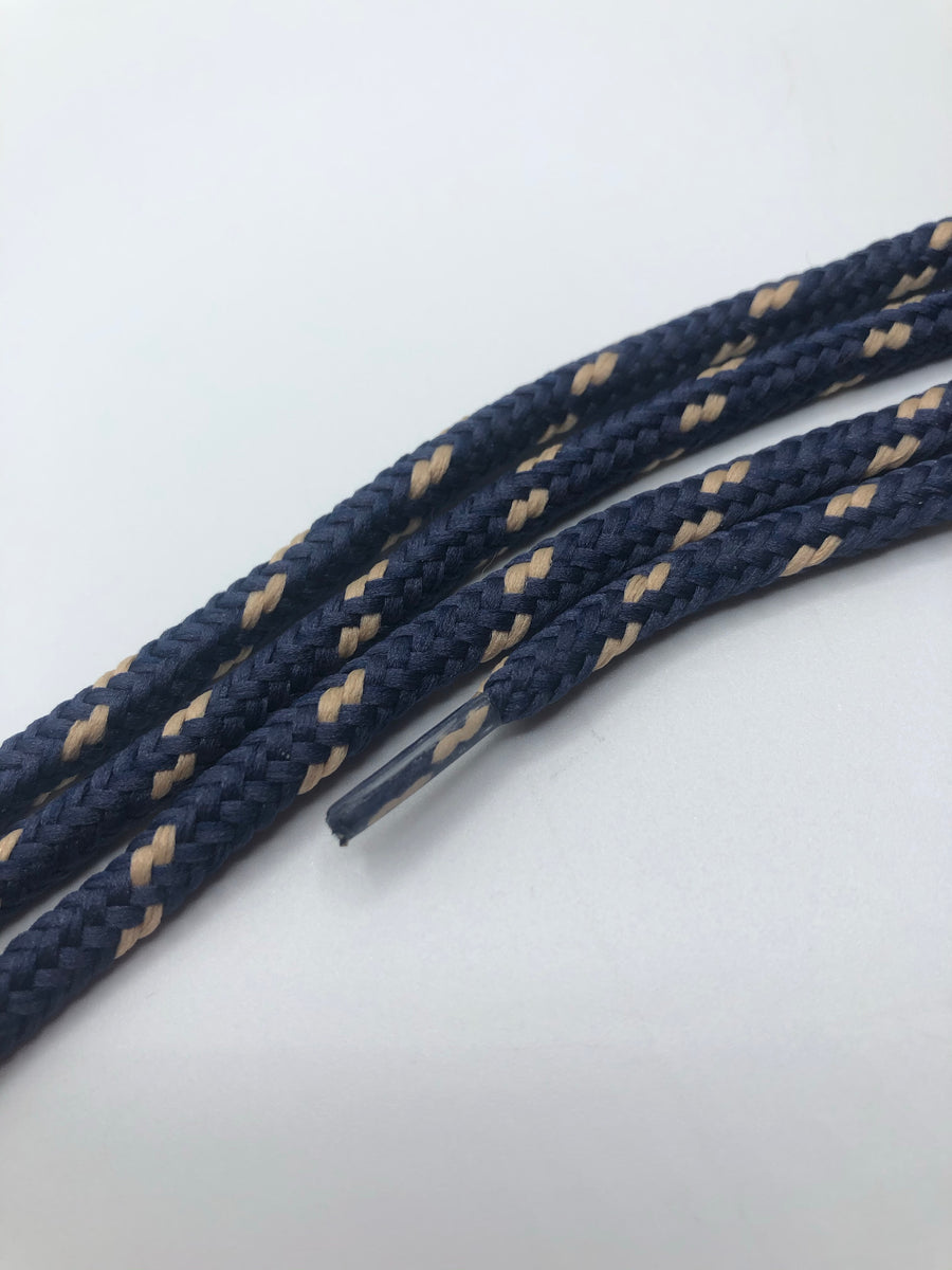 Round Classic Shoelaces Navy Blue with Tan Accents The Shoe Lace Factory