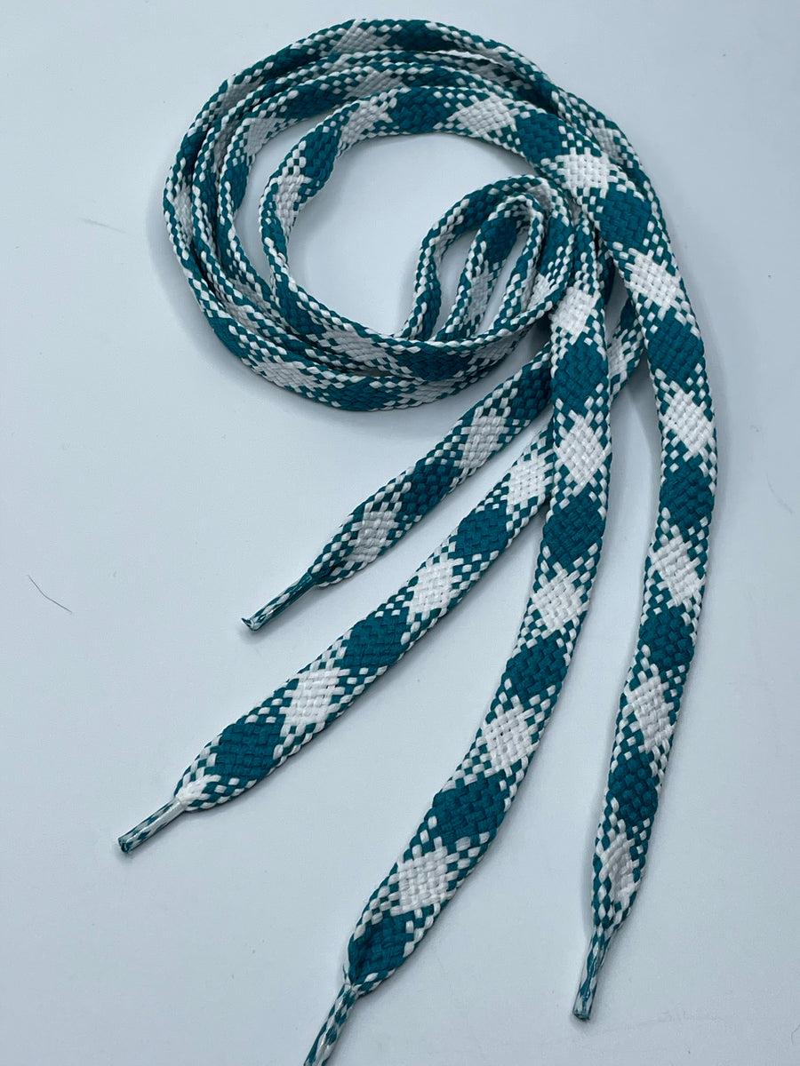 Flat Argyle Shoelaces Teal and White The Shoe Lace Factory