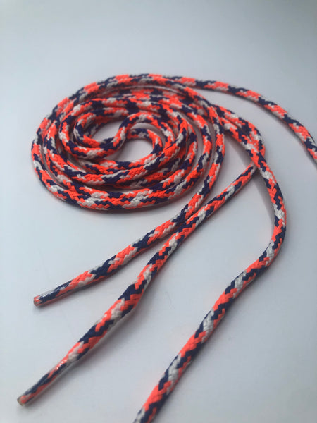 Round Multi-Color Shoelaces - White, Blue and Neon Orange
