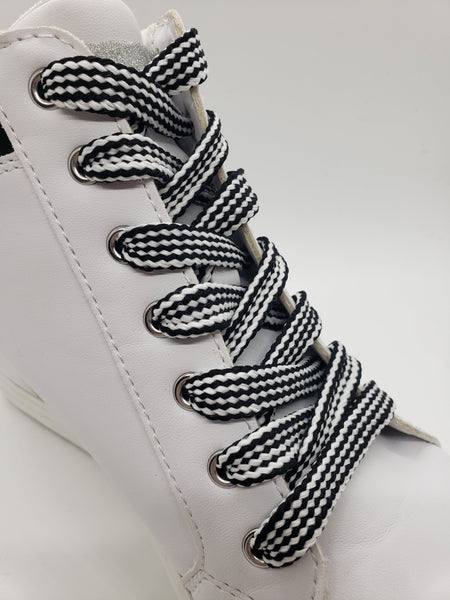 Mid Width Striped Shoelaces - Black and White