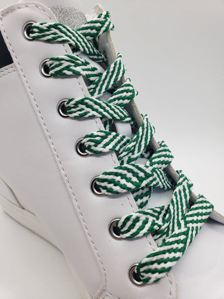 Flat Herringbone Shoelaces - Kelly Green and White