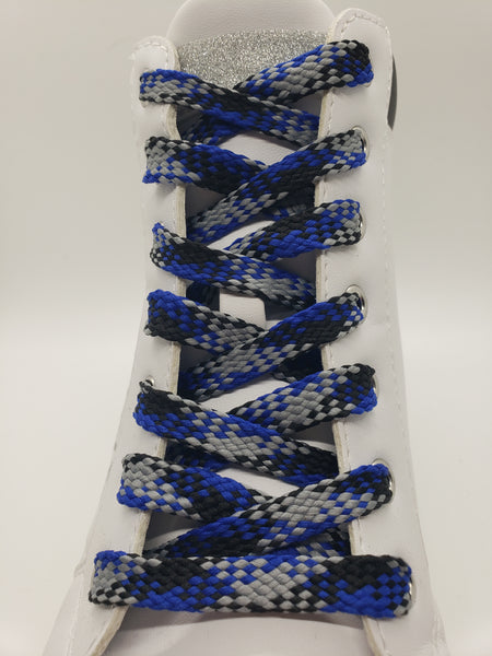 Flat Plaid Shoelaces - Royal Blue, Black and Gray