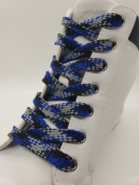 Flat Plaid Shoelaces - Royal Blue, Black and Gray