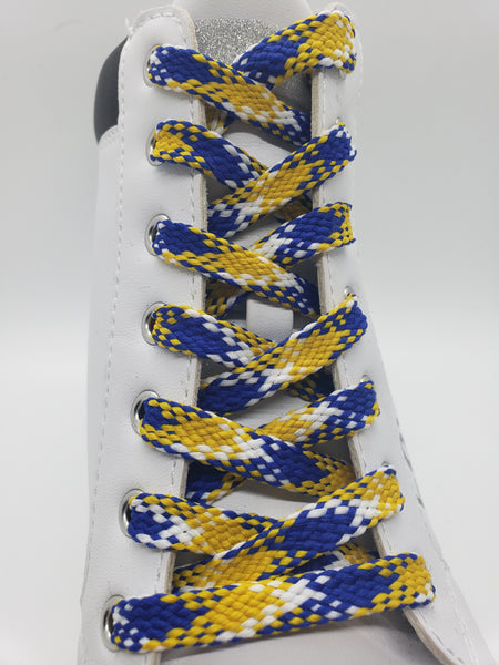 Flat Plaid Shoelaces - Yellow, Royal Blue and White