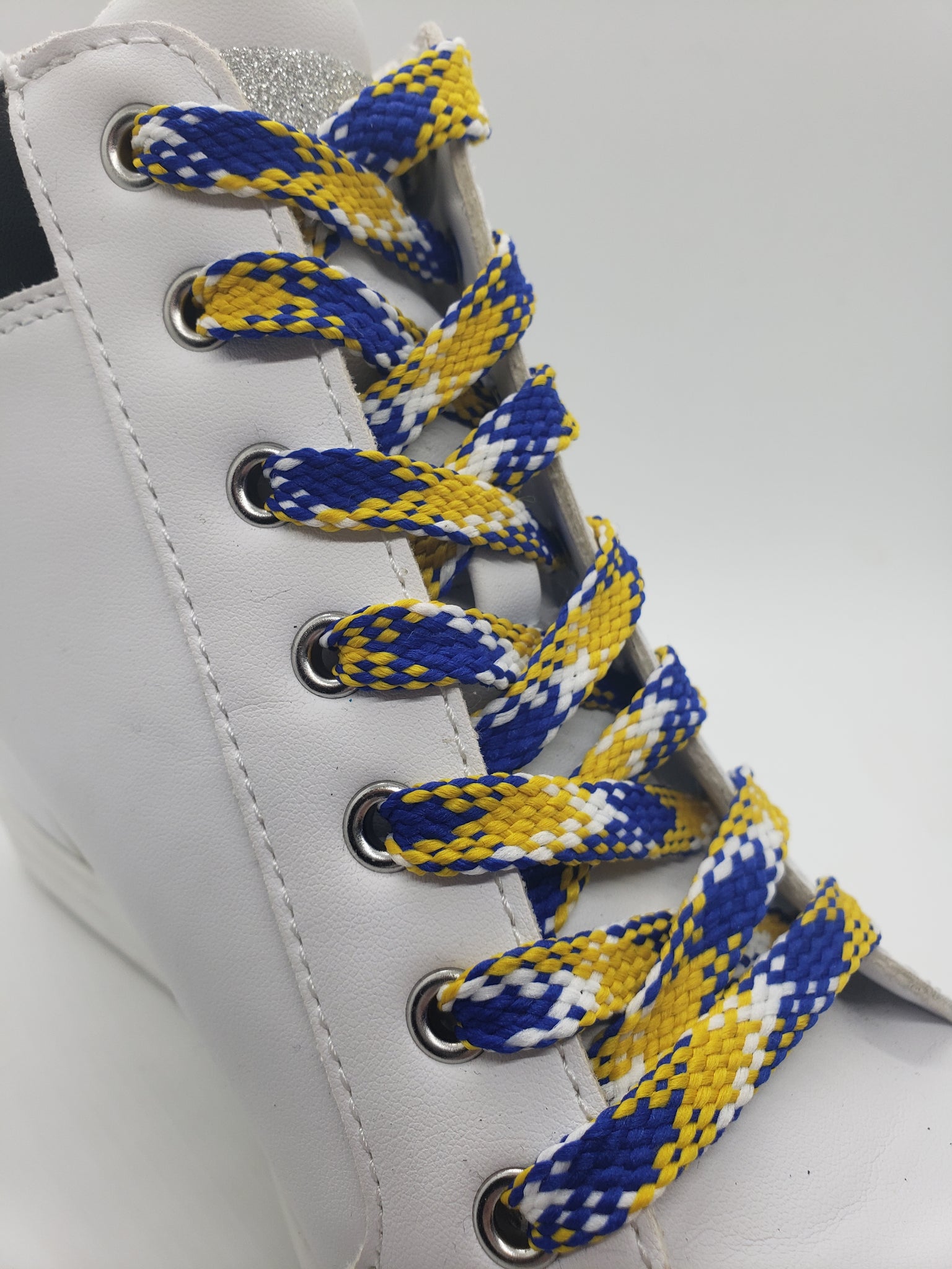 Flat Plaid Shoelaces Yellow, Royal Blue and White – The Shoe