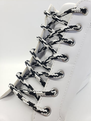 Round Plaid Shoelaces - Black, Silver and White