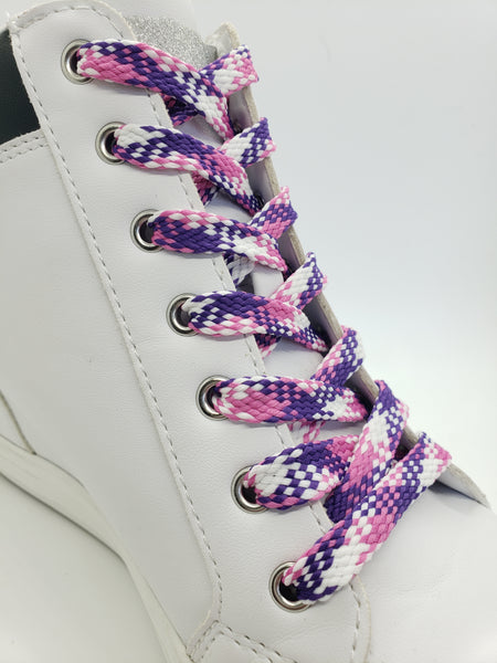 Flat Plaid Shoelaces - Fuchsia, Purple  and White