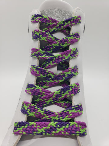 Flat Plaid Shoelaces - Lime Green, Light Purple and Dark Purple