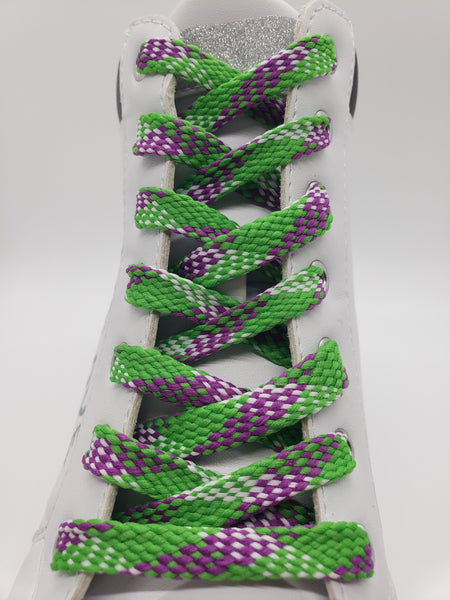 Flat Plaid Shoelaces - Green, Purple and White