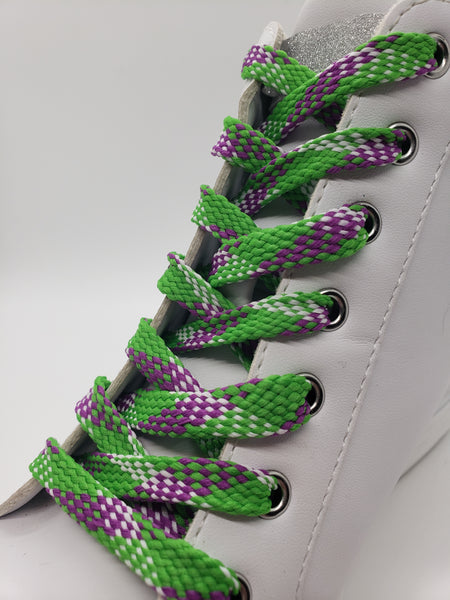 Flat Plaid Shoelaces - Green, Purple and White