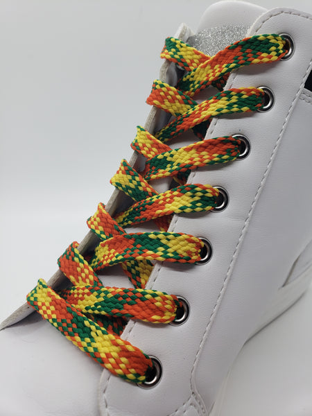 Flat Plaid Shoelaces - Green, Orange and Yellow
