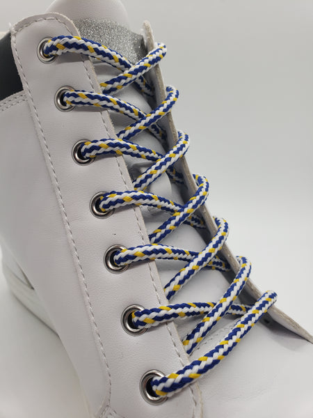 Round Multi-Color Shoelaces - White, Blue and Yellow