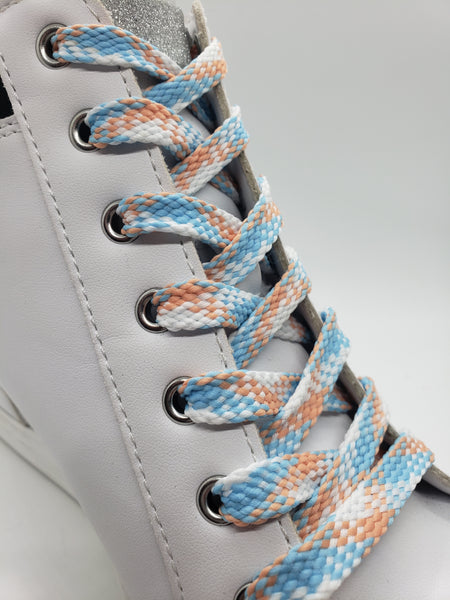 Flat Plaid Shoelaces - Light Blue, Peach and White