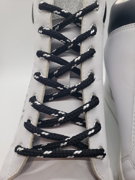 Round Classic Shoelaces - Black with White Accents