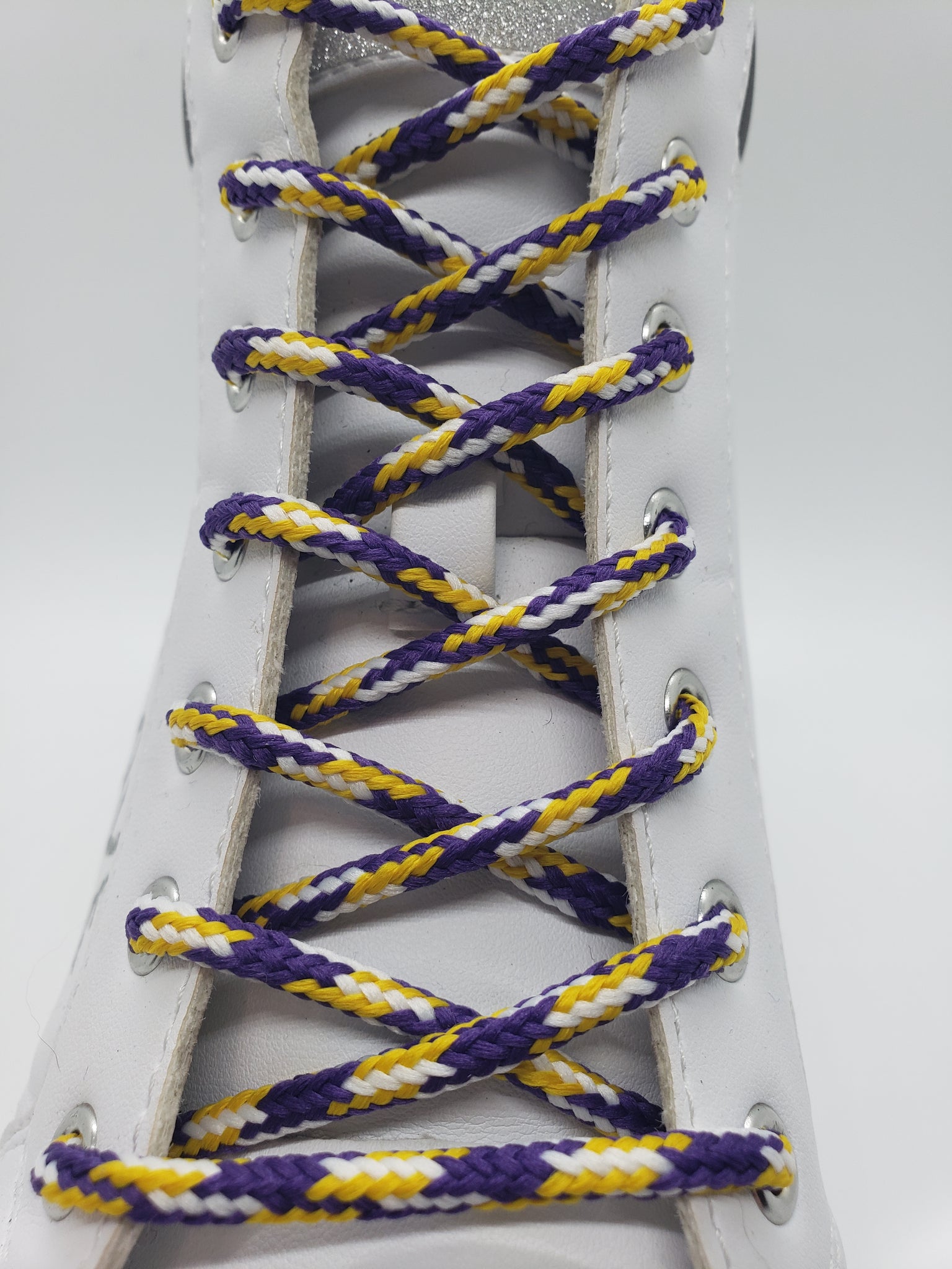 Round 'Plaid' Shoelaces - Purple, Yellow and White