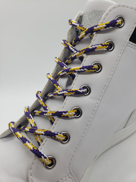 Round 'Plaid' Shoelaces - Purple, Yellow and White