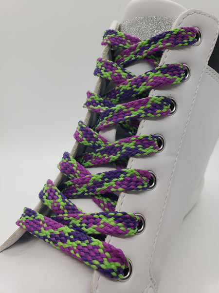Flat Plaid Shoelaces - Lime Green, Light Purple and Dark Purple