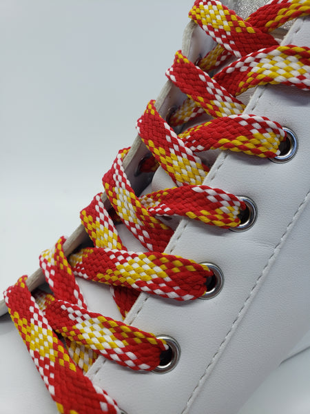 Flat Plaid Shoelaces - Red, Gold and White