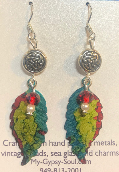 Hand Painted Teal, Yellow and Red Leaf Earrings