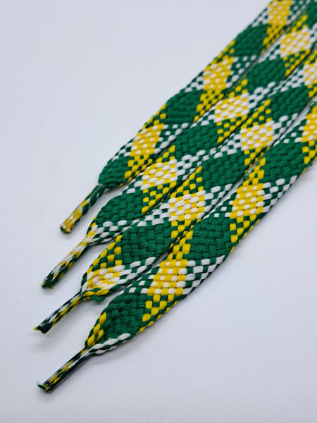 Flat Plaid Shoelaces -  Gold, Green and White