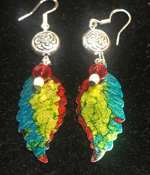 Hand Painted Teal, Yellow and Red Leaf Earrings