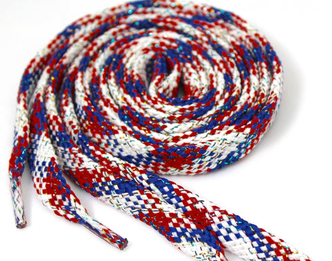 Flat American Flag Sparkle Shoelaces - Red, White and Blue