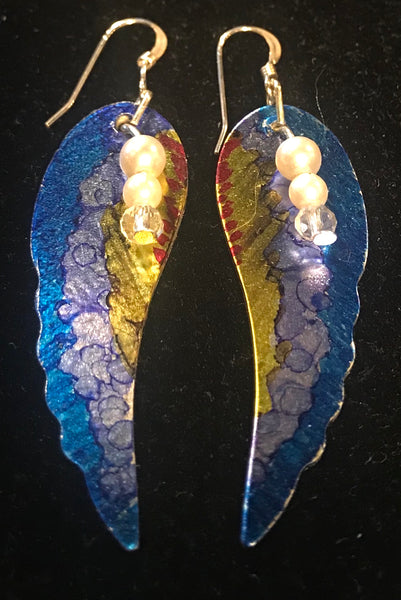 Hand Painted Blue,Yellow and Red Angle Wing Earrings