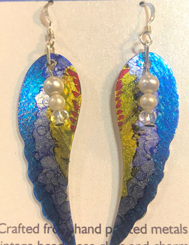 Hand Painted Blue,Yellow and Red Angle Wing Earrings